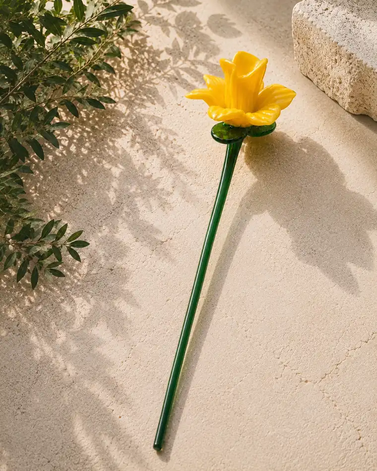 Žlutá skleněná narciska na zeleném skleněném stonku na vápencové dlažbě.